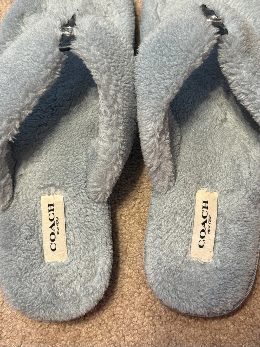 Coach Light Blue Fuzzy Thong Slippers